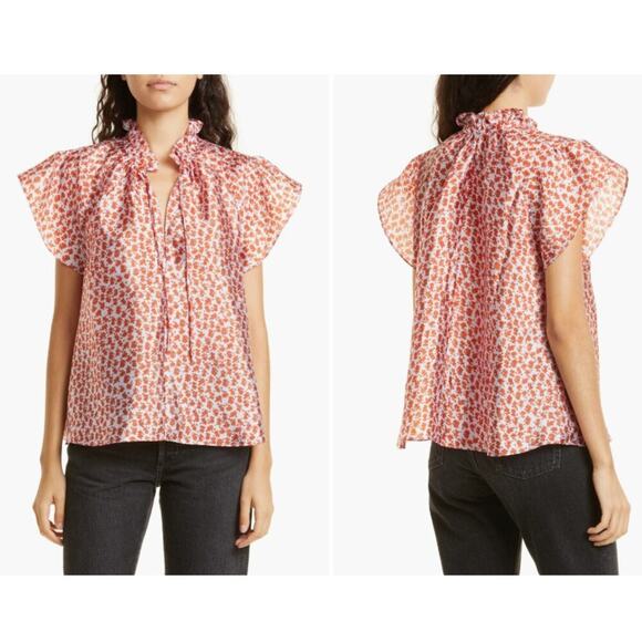 Samsoe Karookh Blouse Floral Shimmer Flutter Sleeve Feminine Romantic Womens S - Picture 1 of 13